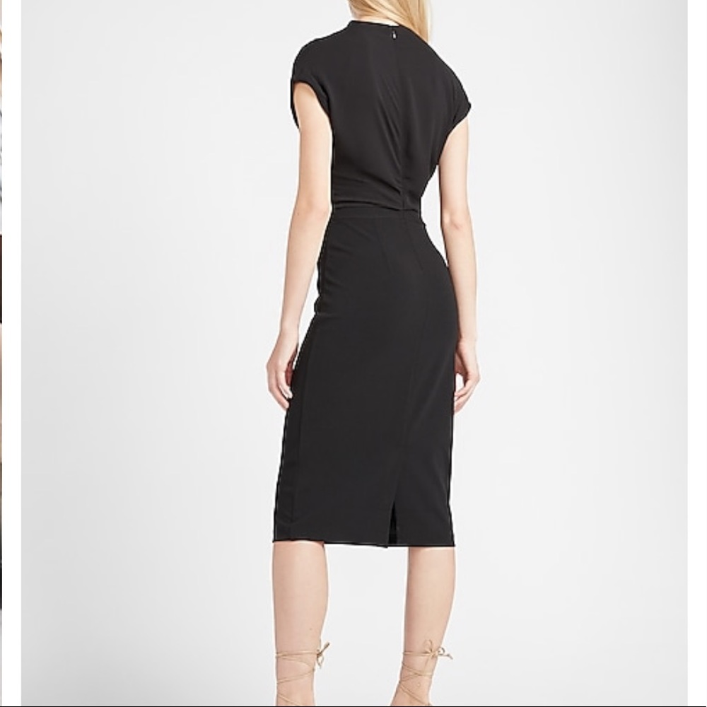 NWOT Navy Blue Draped Mock Neck Midi Sheath Dress Size S